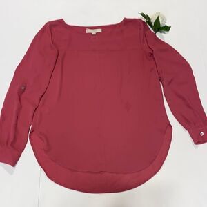 LOFT Top Crimson  Red Blouse Solid Boat Neck‎ Long Roll-Tab Sleeves XS